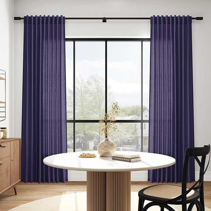 Nanspring Purple Linen Blend Light Filtering Back Tab Curtains 108 Inches Long, Semi Sheer Privacy Drapes for Living Room & Bedroom, 52x108 inch, 2 Panels