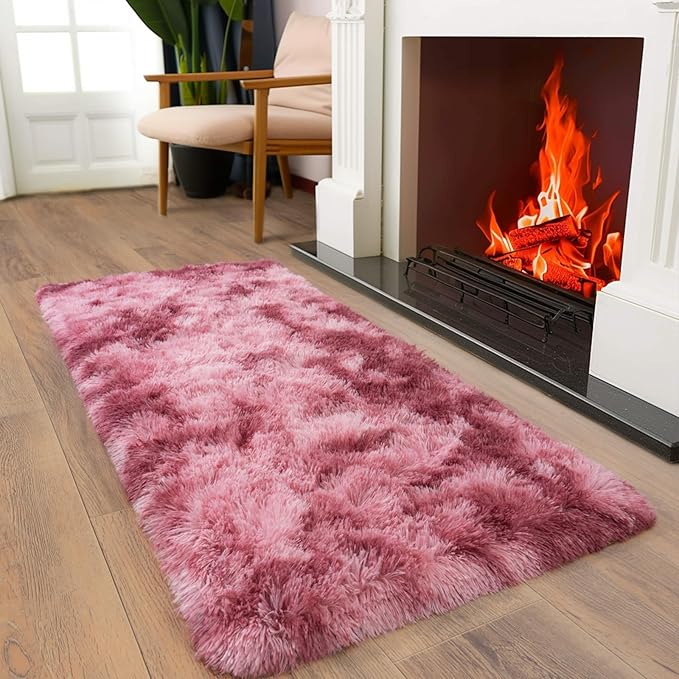Soft Runner Rugs for Bedroom Hallways, 2x4 Tie-Dyed Blush Pink Fluffy Shag Throw Area Rug Non Slip for Bedside Dorm, Long Shaggy Furry Carpet for Nursery Living Room