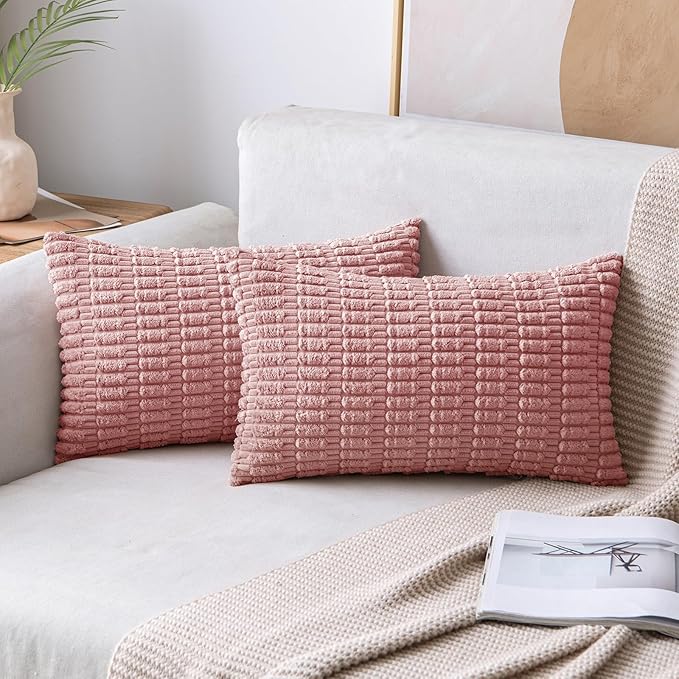 MIULEE Pack of 2 Corduroy Decorative Lumbar Throw Pillow Covers 20x12 Inch Soft Boho Striped Pillow Covers Modern Farmhouse Home Decor for Sofa Living Room Couch Bed Blush Pink Spring Valentine Decor
