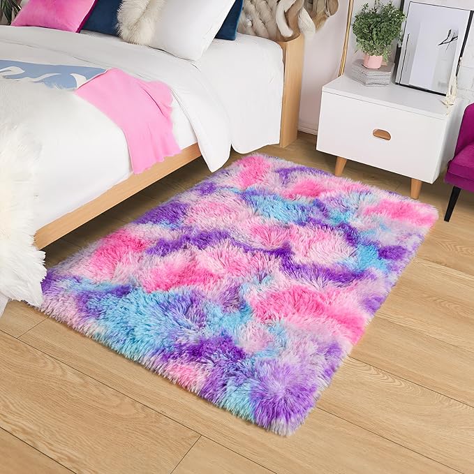 Tepook Soft Rainbow Rug for Girls Room, Cute Fluffy Girls Bedroom Rugs, 2x3 Feet Shaggy Princess Rug Colorful Carpet for Kids Teens Toddler Playroom Nursery Reading Nook, Hot Pink