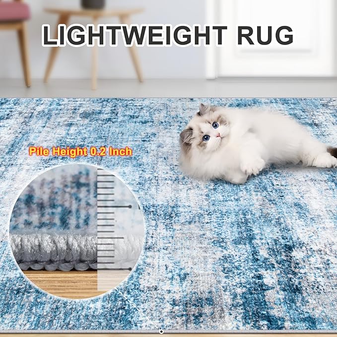 8x10 Area Rugs for Living Room - Washable Rug Modern Abstract Soft Large Neutral Non-Slip Carpet Indoor Floor Thin Carpets for Bedroom Dining Room Farmhouse Nursery Home Office Blue Grey
