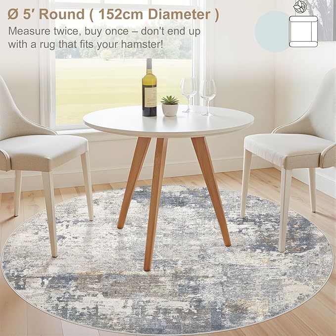 UERMEI 5ft Round Area Rug Living Room Rugs - 5x5 Washable Neutral Modern Abstract Soft Thin Rug Indoor Floor No Slip Rug Carpet for Bedroom Under Dining Table Home Office Decor - Blue Grey