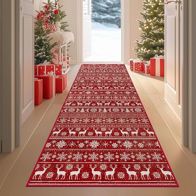 Christmas Runner Rug 2x6 Washable Rugs, Boho Christmas Tree Snowflake Rug Non-Slip Soft Low Pile Non Shedding Indoor Holiday Carpet for Bedroom Bathroom Laundry Staircase Foyer (XmasRed, 2'x6')