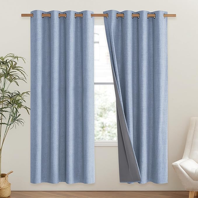 NICETOWN Stone Blue Vintage Linen 100% Blackout Curtains for Living Room, Thermal Insulated Curtains 72" Long, Noise Reducing Window Treatment Drapes for Hall Room, 52" Wide Per Panel, Set of 2