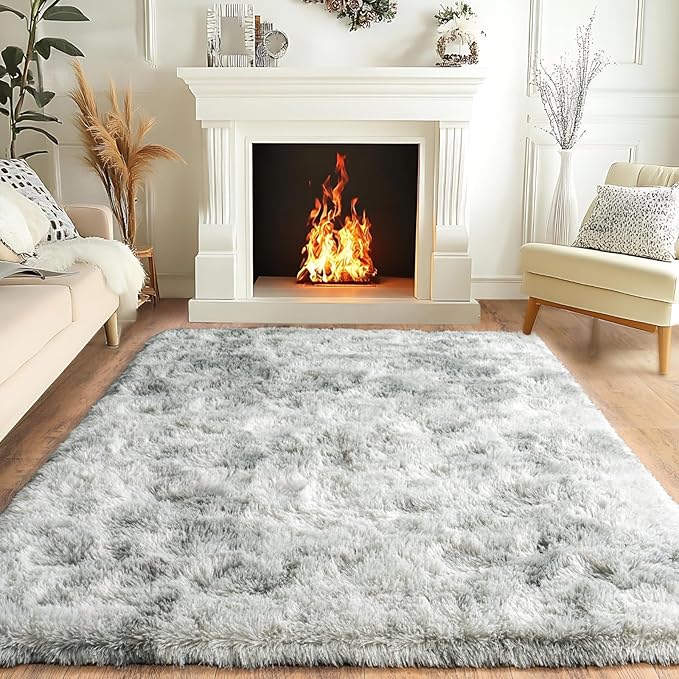 Pionblank Fluffy Area Rug for Bedroom 4x6 Feet, Indoor Plush Carpet, Shag Soft Bedside Rug, Cute Comfy Furry Rug for Living Room Dorm Girls Boys Room Nursery Decor, Tie Dye Grey