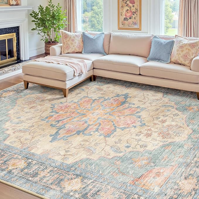 Area Rugs 8'x10' Washable Non-Slip, Floral Vintage Distress Print Pattern Medallion Carpet for Living Room Bedroom Dining Room, Blue Orange Red