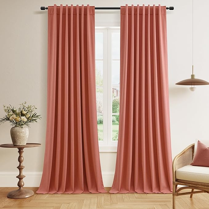 Guken Coral 100% Blackout Linen Curtains 108 Inch Length 2 Panels Set for Living Room Bedroom Back Tab Rod Pocket Thermal Insulated Farmhouse Black Out Drapes Room Darkening,52x108