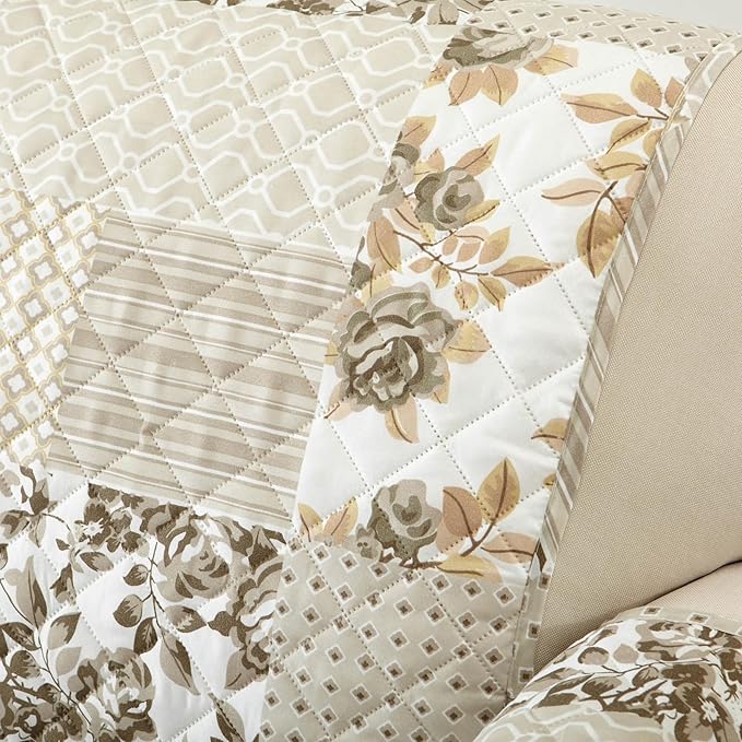 Great Bay Home Reversible Patchwork Recliner Cover - Washable Slipcover Furniture Protector with Elastic Straps - Perfect for Kids & Pets - Box-Stitched Detail (Taupe)