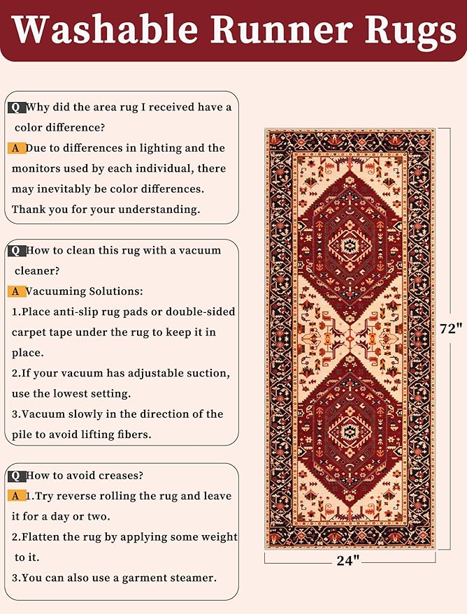 SERISSA Boho Washable Runner Rug, 2x6 Rug Runner Non-Slip Vintage Red Black Hallway Kitchen Runner Rug Ultra Soft Print Distressed Floor Carpet Runner for Bedroom Bathroom Laundry Living Room