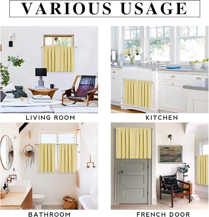 RYB HOME Short Light Yellow Curtains for Small Bedroom Window, Insulating UV Blocking Drapes for Kitchen Cafe Basement Garage, Privacy Tiers for Bathroom Window, Width 42 by Length 36, Set of 2