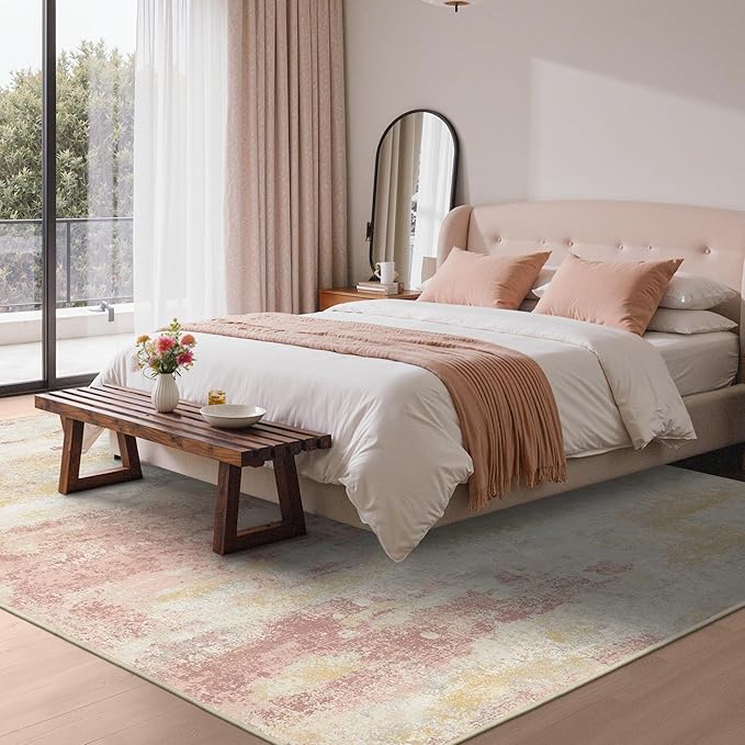 Area Rugs 8x10 for Living Room Bedroom, Modern Abstract Machine Washable Rug, Large Soft Low Pile Floor Carpet with Non Slip Backing for Dining Room, Pink/Cream