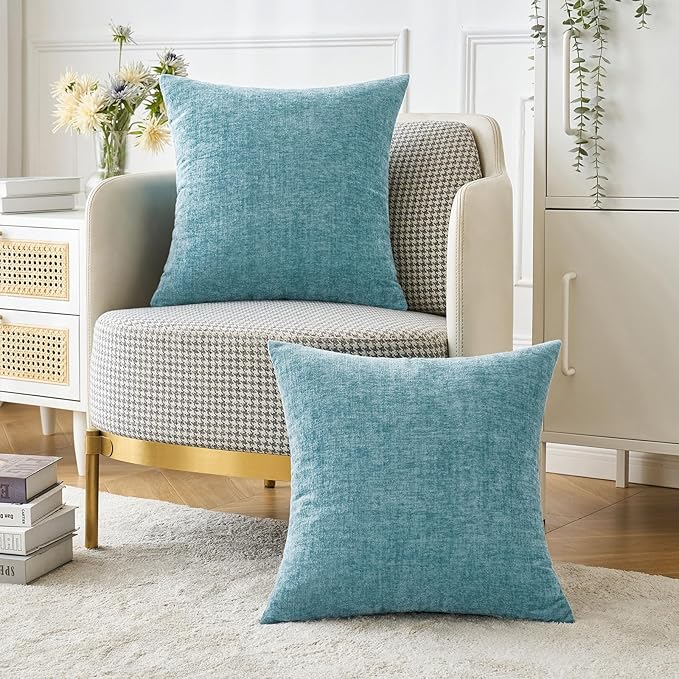 MIULEE Pack of 2 Smoke Blue Throw Pillow Covers 16x16 Inch Soft Chenille Pillow Covers for Sofa Living Room Couch Solid Dyed Cases
