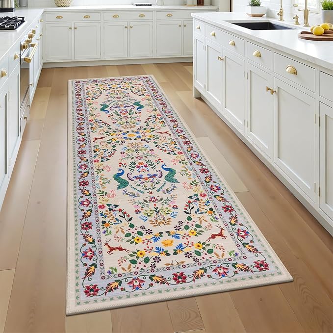 HEBE Washable Hallway Runner Rug 2'x 6' Non Slip Kitchen Rugs Runner,Low Pile Entryway Rug Laundry Room Mat Floral Carpet Runners for Hallways, Kitchen,Bathroom,Laundry,Bedside Rug
