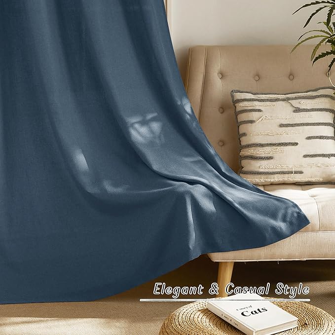 NICETOWN Semi Sheer Flax Linen Navy Blue Curtains 96 inches Long, Grommet Thick Linen Curtains Privacy Added with Light Filtering Window Treatments for Bedroom, W55 x L96, 2 Panels