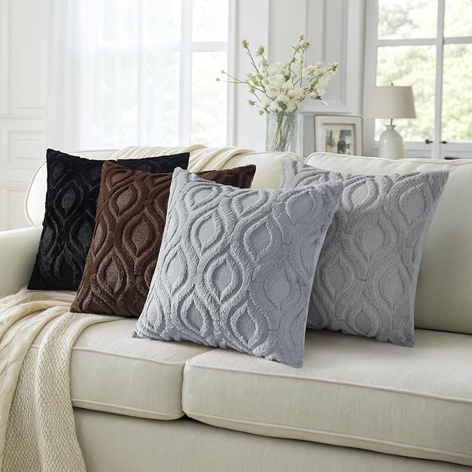 decorUhome Throw Pillow Covers 24x24 Inch Set of 2, Soft Plush Faux Wool Blue Grey Solid Couch Pillow Covers, Accent Euro Sham Farmhouse Neutral Square Pillow Cases for Sofa Bed Living Room