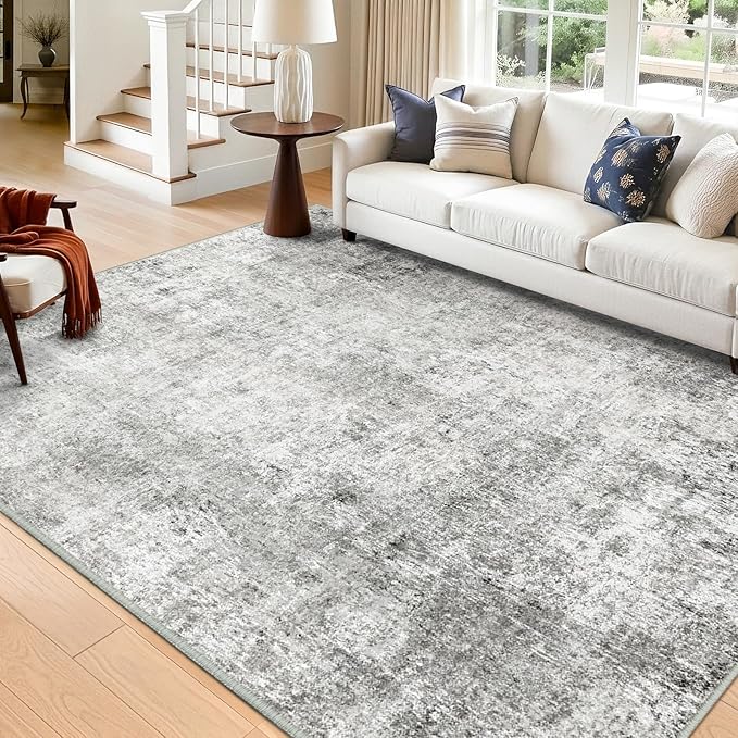 Washable Area Rugs 5'x8' Non-Slip Modern Abstract Soft for Living Room Entryway Bedroom Nursery, Print Pattern, Gray White Grey