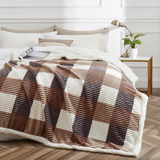 PU MEI Sherpa Blanket Full/Queen Plaid Thick Bed Blanket, 90”*80” Super Soft Flannel Fuzzy Fleece Reversible Velvet Plush Warm Blanket for Couch(Beige Check, 80"*90")