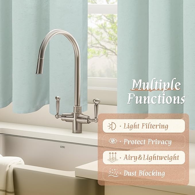 LAMIT Bedroom Linen Curtains 45 Inch Long, Light Filtering Neutral Window Curtains Farmhouse Boho Rod Pocket Room Decor Panels for Small Window/Living Room, 2 Panels, 42 x 45 Inch, Light Blue