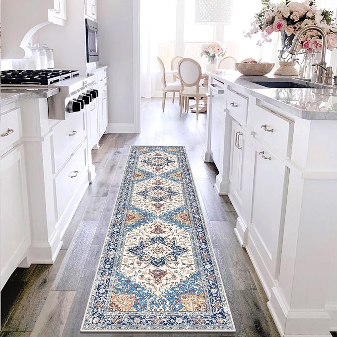 Yamaziot Washable Runner Rug, 2x8 Non-Slip Boho Vintage Hallway Rug with Rubber Backing, Low Pile Faux Wool Distressed Carpet Runner for Bedroom, Kitchen, Laundry, Entrance