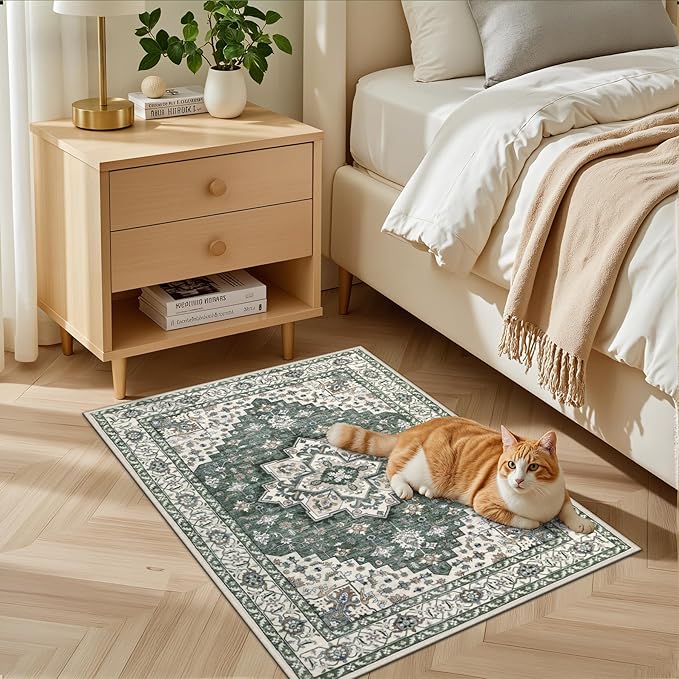 2x3 Area Rugs Living Room Rug: Washable Vintage Boho Medallion Rug No Slip Stain Resistant Soft Carpet Indoor Large Carpets for Bedroom Dining Room Farmhouse Nursery Hallway Home Office Green Ivory