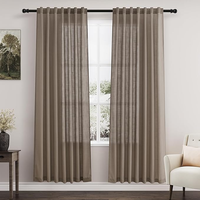 Nanspring Dark Taupe Linen Curtains 80 Inches Length for Living Room Back Tab Rod Pocket Semi Sheer Linen Drapes Muted Neutral Boho Linen Textured Window Curtain for Dining Room Bedroom 52X80 Inches
