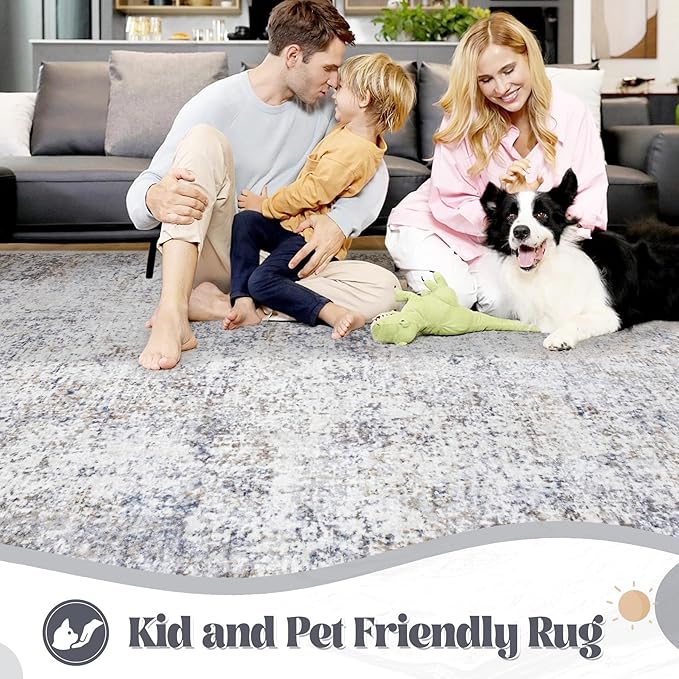 XLUEZ 6x9 Area Rugs for Living Room, Washable Modern Abstract Large Area Rug Neutral Soft Non Slip Kids Rug Stain Resistant Indoor Carpet for Bedroom Nursery Dining Room Playroom(Bluegrey, 6'x9')