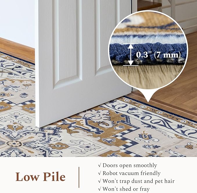 Rugflix 9x12 Area Rug for Living Room, Machine Washable Area Rugs with Non-Slip Backing, Large Soft Boho Vintage Rug for Bedroom, Dining Room, Low Pile Carpet, Kids Pet Friendly, Brown Beige