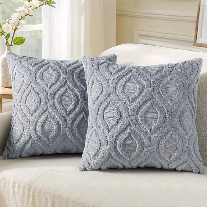 decorUhome Throw Pillow Covers 24x24 Inch Set of 2, Soft Plush Faux Wool Blue Grey Solid Couch Pillow Covers, Accent Euro Sham Farmhouse Neutral Square Pillow Cases for Sofa Bed Living Room
