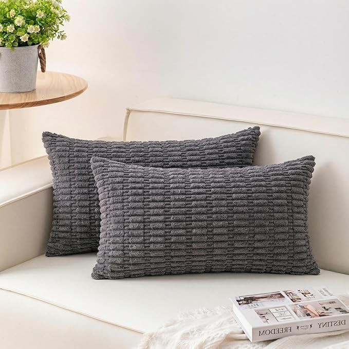 Pack of 2 Corduroy Decorative Throw Pillow Covers 12x20 Inch Soft Striped Pillow Covers Modern Farmhouse Home Decor for Sofa Living Room Couch Bed（Dark Grey）