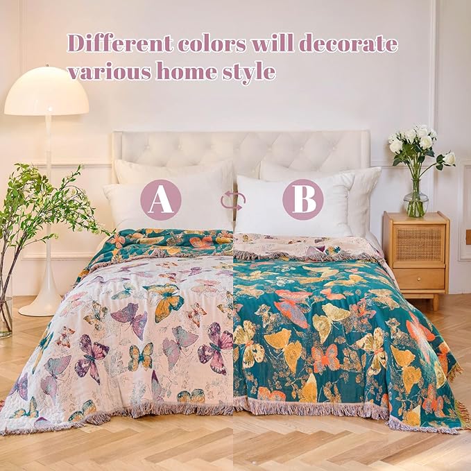 MSGKV Boho Throw Blanket for Bed Cotton Butterfly Twin Size Couch Blanket 60"x80" Muslin Spring Breathable All Seasons Lightweight Farmhouse Blankets