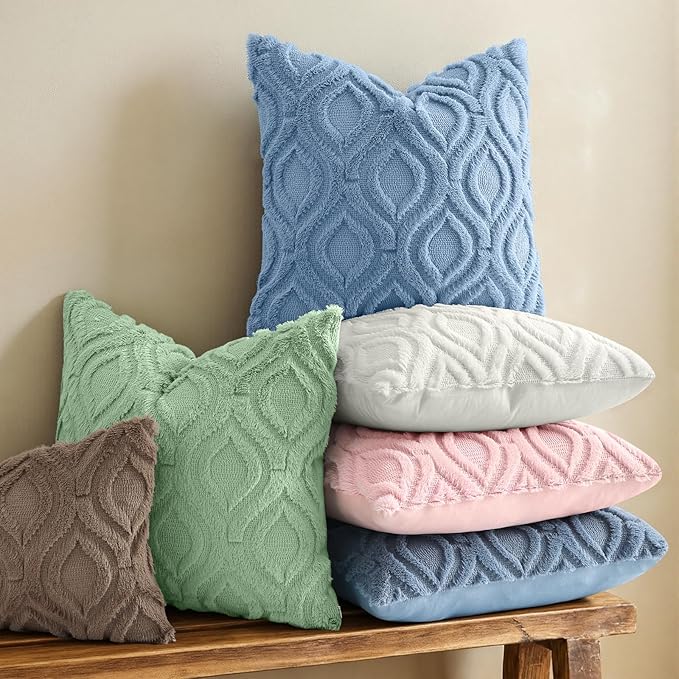 decorUhome Throw Pillow Covers 20x20 Inch Set of 2, Soft Plush Faux Wool Blue Solid Couch Pillow Covers, Accent Farmhouse Neutral Square Pillow Cases for Sofa Bed Living Room
