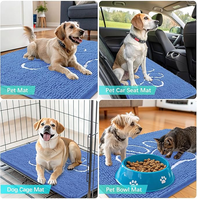 OLANLY Dog Door Mat for Muddy Paws 30x20, Paw Print Design, Absorbs Moisture and Dirt, Absorbent Non-Slip Washable Doormat, Quick Dry Chenille Mud Mat, Entry Indoor Entryway Carpet, Cornflower Blue