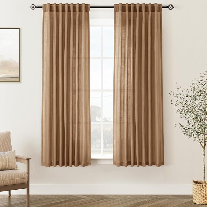 Brown Curtains for Living Room Back Tab Modern Farmhouse Semi Sheer Brown Curtains 63 inches Long 2 Panels Set Muted Neutral Window Curtain for Dining Room Bedroom 52x63
