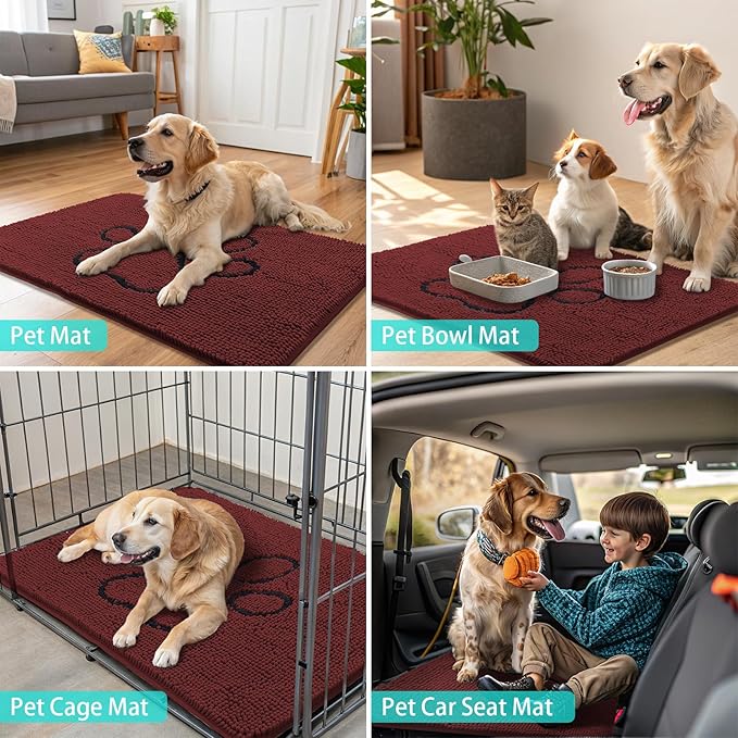 Smiry Dog Door Mat for Muddy Paws, Absorbent Dirt Trapper Non Slip Quick Dry Washable Chenille Mat for Mud Dogs, Entry Rug for Indoor and Outdoor (36x24 Inches, Caramel Russet and Black