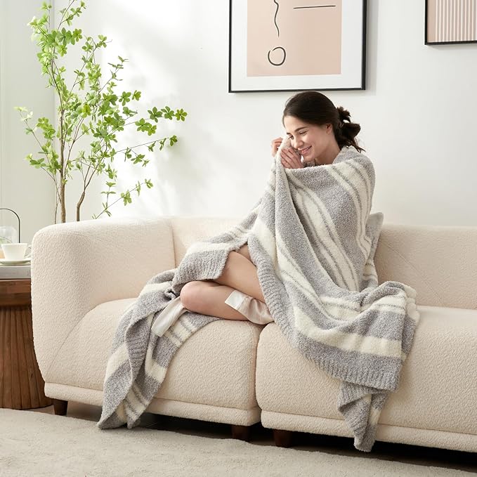 Snuggle Sac Queen Size Bedding Blankets, Super Soft Warm Blankets Cozy Knit Fuzzy Oversized Blankets for Bed, Stripe Grey, 90"x90"