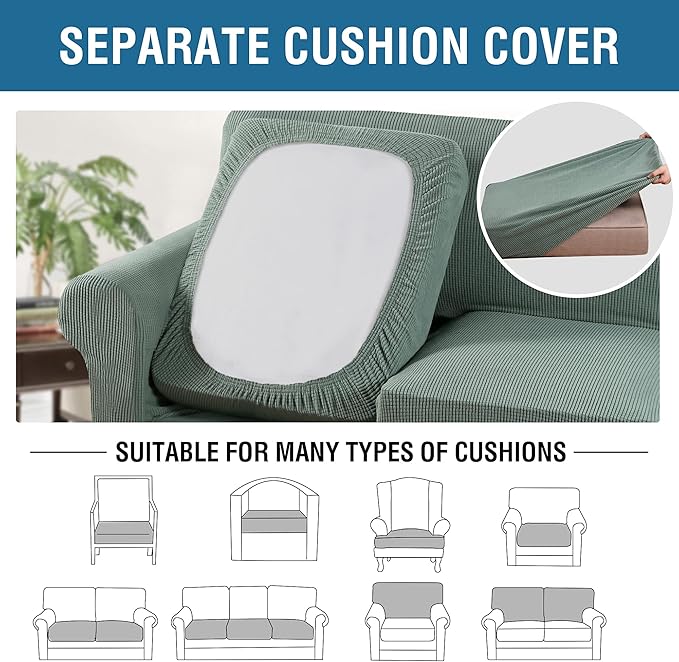 H.VERSAILTEX 4 Piece Stretch Sofa Covers for 3 Cushion Couch Covers for Living Room Furniture Slipcovers (Base Cover Plus 3 Seat Cushion Covers) Upgraded Thicker Jacquard Fabric (Sofa, Sage)