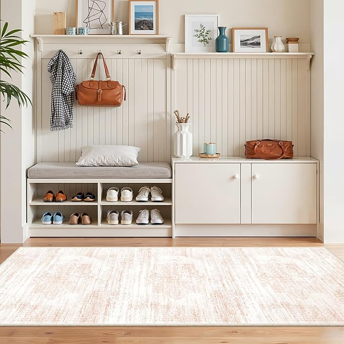 2x6 Runner Rug Non Slip for Entryway, Washable Runners for Kitchen, Soft Thin Hallway Rug for Bedroom, Laundry, Small Stain Resistant Indoor Door Mat(2'x6', Pink/White)