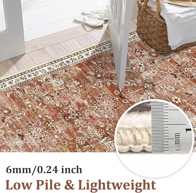 Yamaziot Washable Runner Rug 2x8 – Non Slip Boho Floral Hallway Runner Rug with Rubber Backing, Low Pile Wool Distressed Carpet for Kitchen, Laundry, Bedroom, Entrance, Brick-red