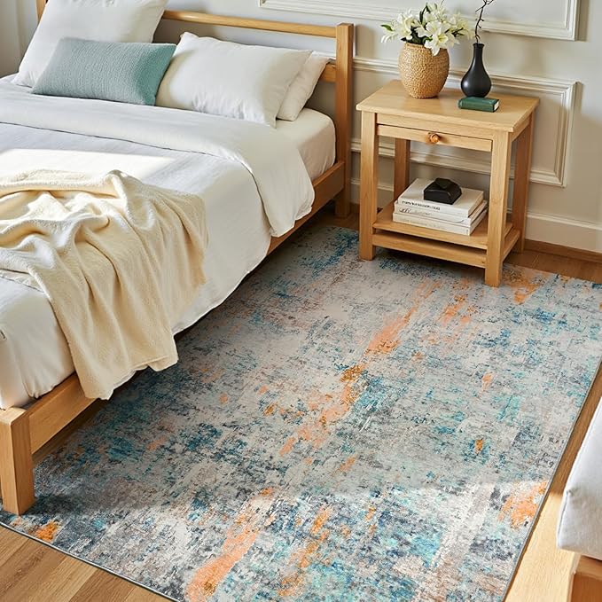 Entryway Rug 3x5 Blue Bedroom Area Rug Washable Non Slip Abstract Boho Rugs for Indoor Entry, Kitchen, Classroom, Bathroom, Kids Girls Room, Office, College Dorm Small Carpet