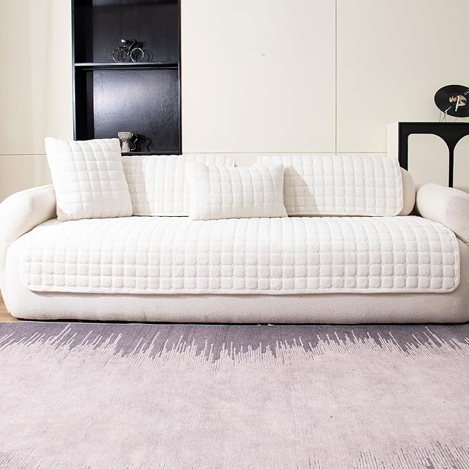 Velvet Couch Cover, Washable Sectional Sofa Cover, Anti Slip Sofa Slipcovers for 3 Cushion Couch Sofa L Shaped Recliner, Furniture Protector Covers for Pets Kids(White, Only 1 PCS)