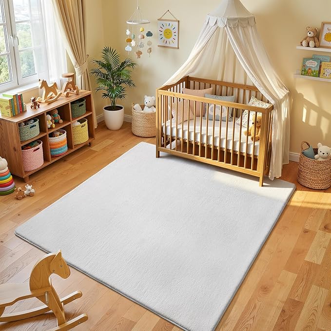 Amearea 5x5 Square Area Rugs for Bedroom Living Room, Modern White Thickened Memory Foam Rug, Fluffy Indoor Washable Rugs Non Slip Minimalist Carpet for Kids Boys Girls Dorm Nursery Room Decor