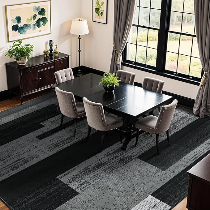 LIANLAM 9x12 Washable Area Rugs for Living Room and Bedroom, Vintage Checkered Pattern Non-Slip Carpet, Stain Resistant Low Pile Soft Rug for Dining Room,Office,Nursery,Kids Room(9x12,Gray)