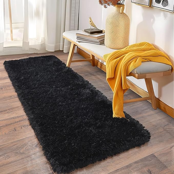 Soft Runner Rugs for Bedroom Hallways, 2x6 Black Fluffy Shag Throw Area Rug Non Slip for Bedside Dorm, Long Shaggy Furry Carpet for Nursery Living Room