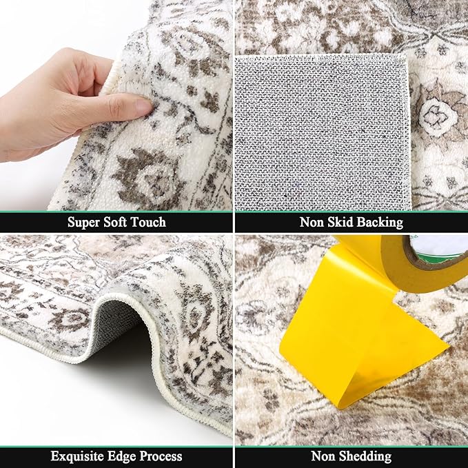 HEBE Washable Area Rug - 2'x3' Non Slip Soft Distressed Medallion Bedroom Boho Living Room Accent Throw Vintage Entry Floor Carpet for Dining Room Bathroom Entryway