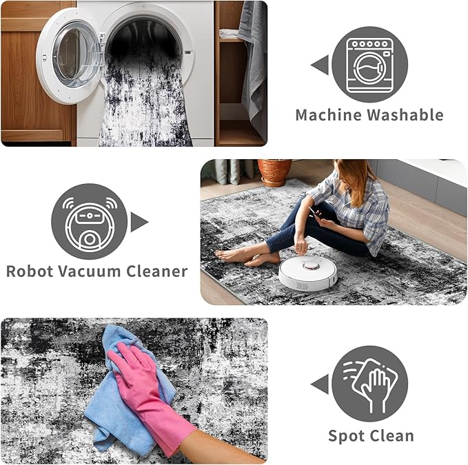 2x3 Small Washable Area Rug: Non-Slip Indoor Door Mat for Entrance Doorway Kitchen Bedroom Living Room - Abstract Farmhouse Throw Rug for Modern Home Decor Black Grey