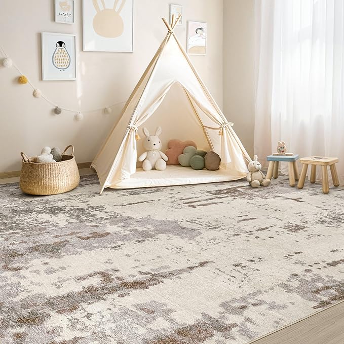 UERMEI 6x9 Area Rug Living Room Rugs - Washable Neutral Modern Abstract Soft Thin Rug Indoor Floor No Slip Rug Carpet for Bedroom Under Dining Table Home Office Decor - Brown/Grey/Beige