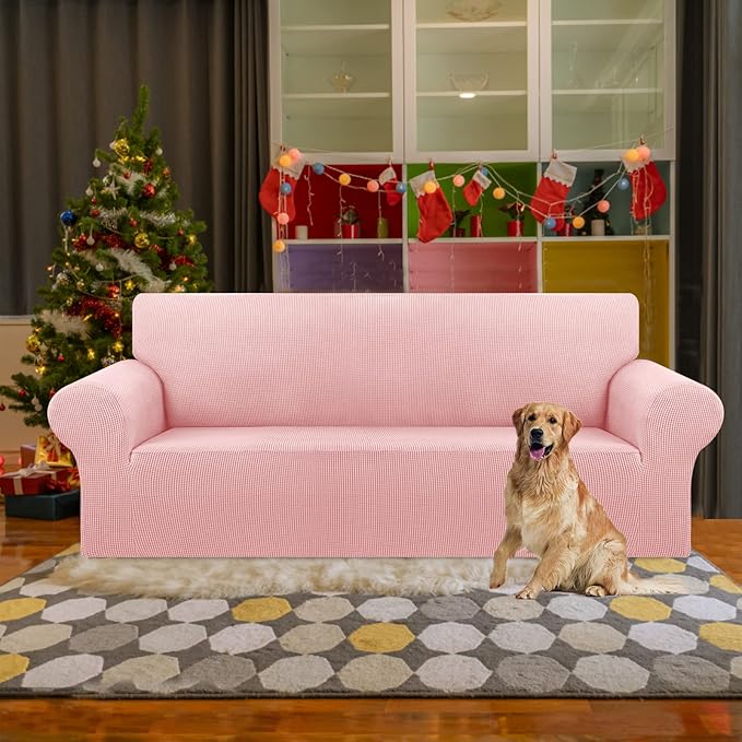 KEKUOU Stretch Sofa Cover Slipcover ，Couch Covers for 3 Cushion Couch Sofa pet Friendly (78"-94") Furniture Protector Sofa with Elastic Bottom for Kids,Dog, Jacquard Small Checked(Large,Dusty Pink)
