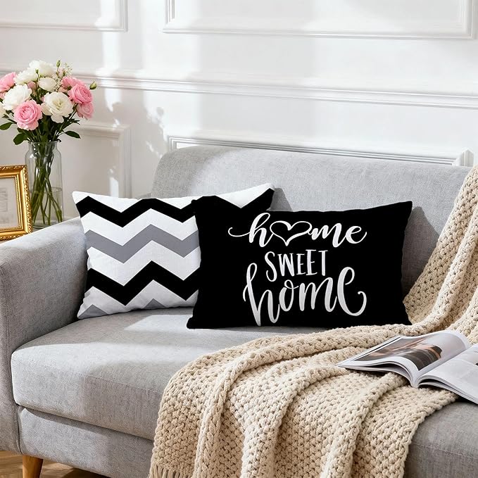 Hexagram Geometric Black Pillow Covers 12x20 Set of 4, Decorative Outdoor Boho Modern Throw Pillow Covers, Home Sweet Home Farmhouse Cushion Case for Couch Sofa Bedroom Indoor Decor(No Insert)