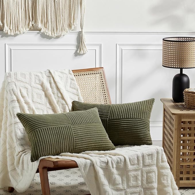 Fancy Homi 2 Packs Olive Green Lumbar Decorative Throw Pillow Covers 16x32 Inch for Living Room Couch Bed, Farmhouse Boho Home Decor, Soft Striped Corduroy Rectangle Accent Cushion Case 40x80 cm