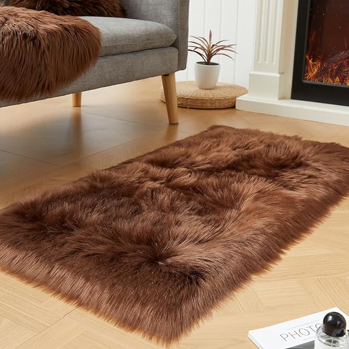 EasyJoy Ultra Soft Fluffy Shaggy Area Rug Faux Fur Rug Chair Cover Seat Pad Fuzzy Area Rug for Bedroom Floor Sofa Living Room (2 x 4 ft Rectangle, Coffee)